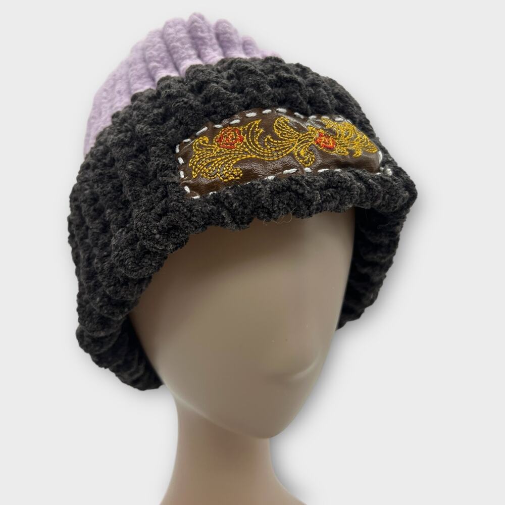 Chunky Chenille Knit Bohemian Embroidered Logo Ski Cap Beanie Hat Purple Large‎